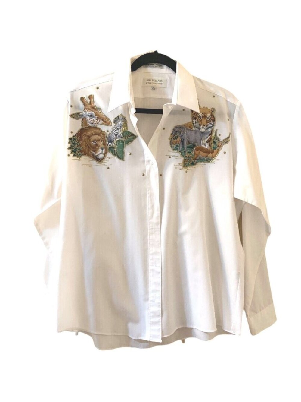 Ann Pollard Resort Collection White Button Up Shirt Safari Animals L 14/16